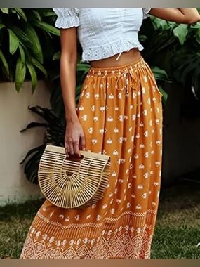 NWT Bluivy Boho Button Down Print Maxi Flair Orange Skirt